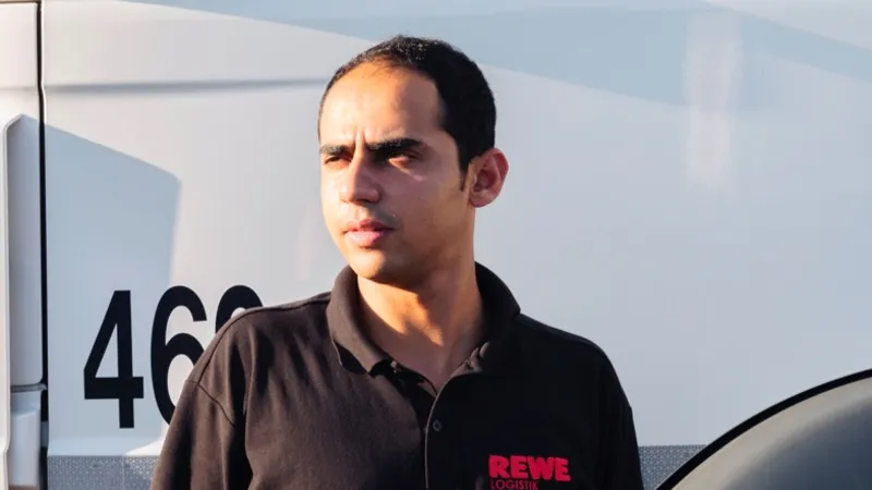 Ein REWE Mitarbeiter steht vor einem LKW