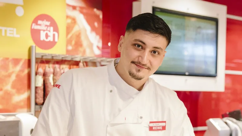 Ein REWE Mitarbeiter an der Fleischtheke